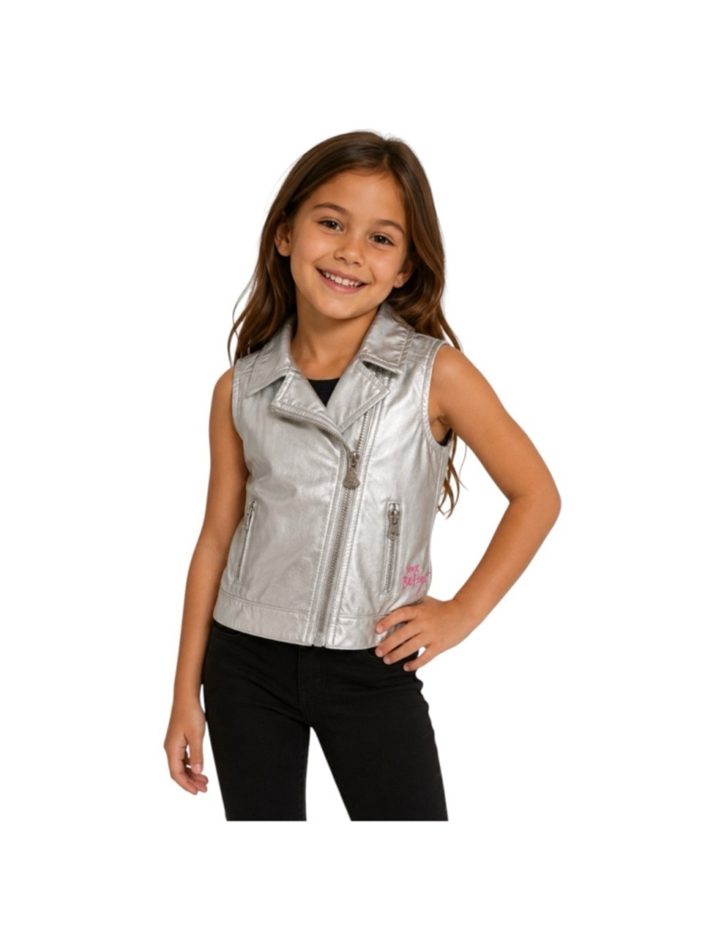 Betsey Johnson Girls Silver Moto Vest Size 7 Faux Leather